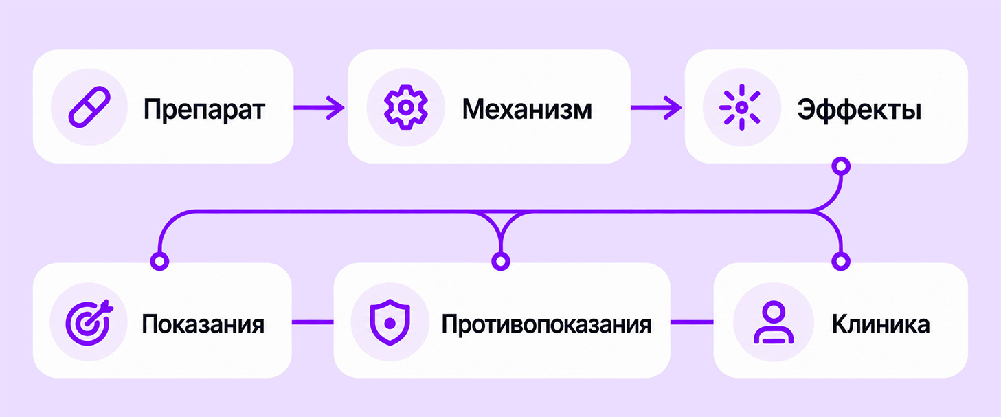 Схема связей: препарат ведёт к механизму, механизм — к эффектам, а от них расходятся показания, противопоказания и клиника