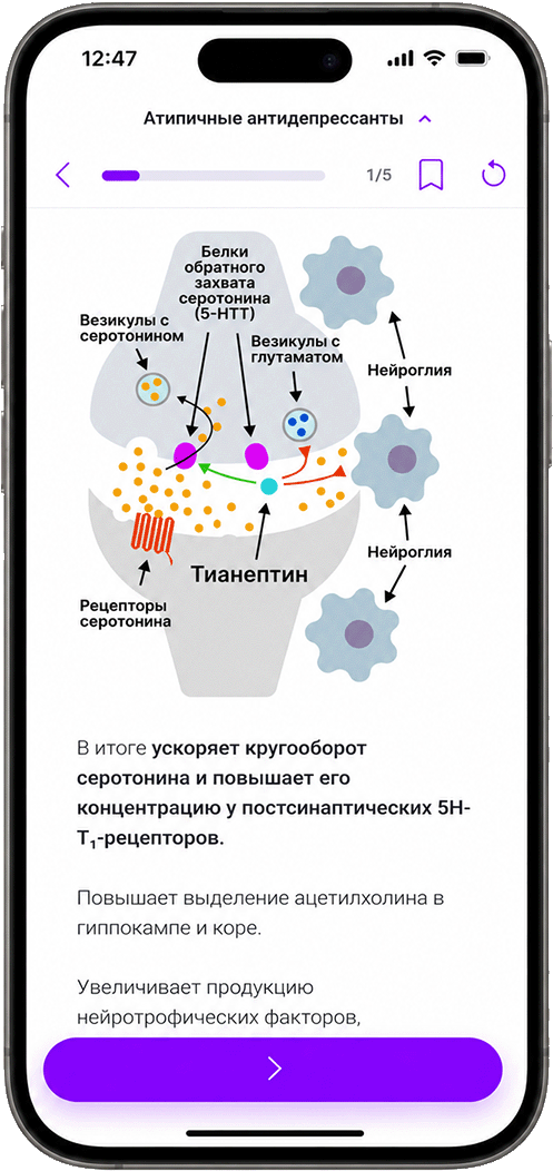 Экран лекции Elixired: схема синапса с подписями к везикулам, рецепторам и белкам обратного захвата серотонина